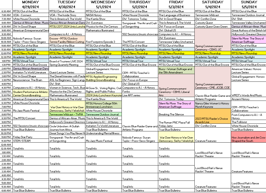 schedule for week of 4-29-2024