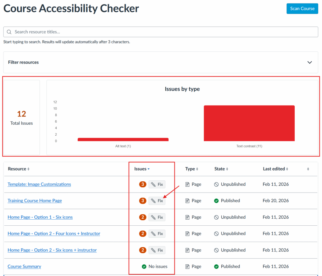 Course Accessibility Checker scan report