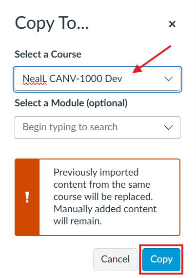 Copy To - choose a course