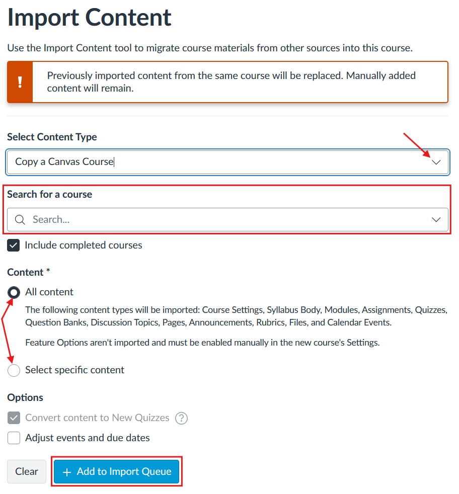 Import Content options area