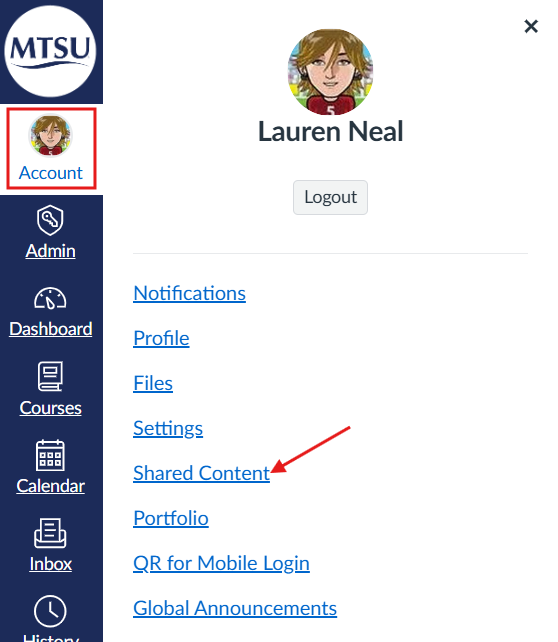 Shared Content is in the user's Account area