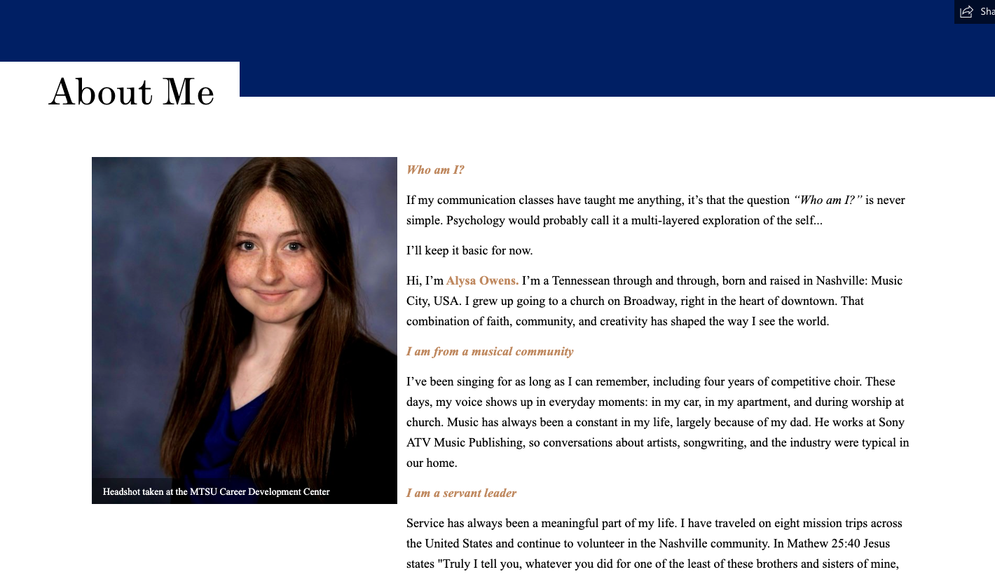 Scholarship recipient Alysa Owens' ePortfolio