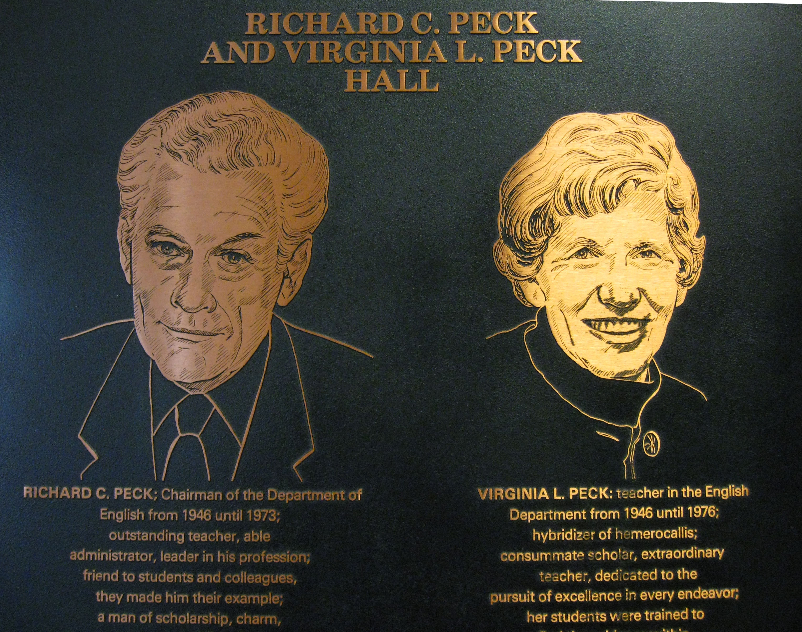 Placque of the Pecks in Peck Hall