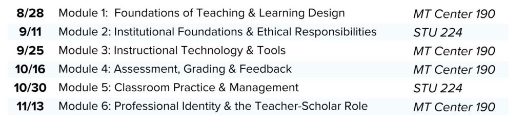A schedule banner listing six educational modules with dates. Modules cover topics from teaching foundations to the teacher-scholar role, running from August 28 to November 13.
