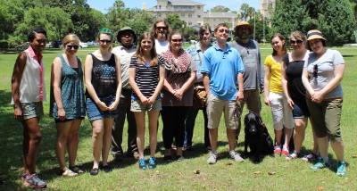Photo caption: Students outside of the Jekyll Island Clubhouse. Shown left to right are Aleia Brown, Lane Tillner, Katie Brammel, Torren Gatson, Beth Cavanaugh, Caleb Knies, Veronica Sales, Lindsay Hager, Mark Mullen, Michael Fletcher, Rachel Lewis, Kayla Pressley, and Jenna Stout. 