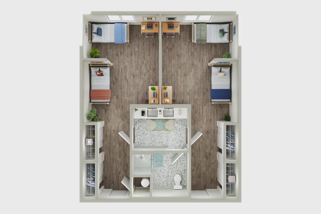 3D Rendering of 4 Bed floor plan where the room is divided in half with a bathroom between