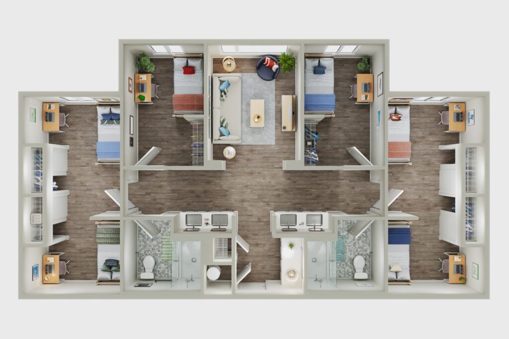 3D Rendering of 6 Bed floor plan with 2 bathrooms