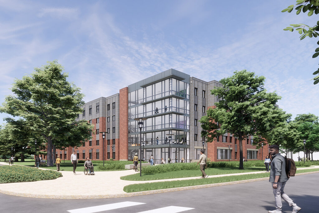 This artist rendering shows the exterior of a planned 554-bed student housing complex to be built on the southeast edge of campus to replace the nearly 50-year-old Womack Lane Apartments. The public-private partnership, with MTSU controlling the complex, would include entry and floor lounges, community kitchen, laundry room, private and small group study spaces, landscaped courtyard, and MTSU residence life offices.