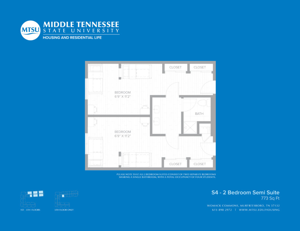 4 Bed floor plan where the room is divided in half with a bathroom between