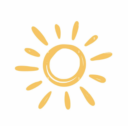 A handdrawn yellow sun on a transparent background; it evokes warmth