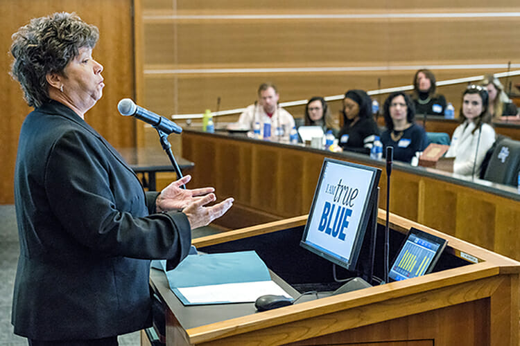 MTSU Sexual Assault Liaison Amy Dean addresses the 2018 MTSU Safety Summit March 22 in the Student Union Parliamentary Room. (MTSU photo by J. Intintoli)