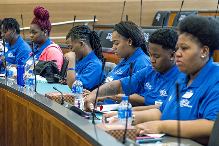 Members of the Lane College “Dragon Squad” listen to learn more about security measures at the 2018 MTSU Safety Summit March 22. They are, from left to right, Gilandria Williams, Catherine Harris, Esmael Soto, Niajah Walker, Letha Lampkin and Kiana Rouse. (MTSU photo by J. Intintoli)