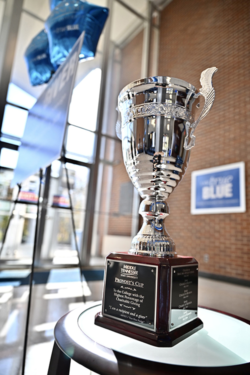The 2020 Provost Cup awaits presentation in the atrium of the Cope Administration Building in early November. For the eighth straight year, the Jennings A. Jones College of Business was awarded the cup for having the highest employee participation in this year’s Employee Charitable Giving Campaign. (MTSU photo by J. Intintoli)