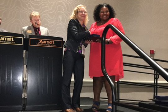 Dr. LaToya Eaves, right, an assistant professor in Global Studies and Human Geography at MTSU, received the American Association of Geographers’ 2019 Ronald F. Abler Distinguished Service Honors award as well as the AAG Enhancing Diversity Award. Eaves received the awards at the association’s luncheon earlier this spring in Washington, D.C. (Submitted photo)