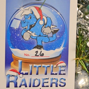This Little Raiders ornament is among those hanging on three trees across campus supporting the Little Raiders gift-giving campaign. Secret Santas can pick an ornament to "adopt" a local child's Christmas wish list. (MTSU photo by Jimmy Hart)