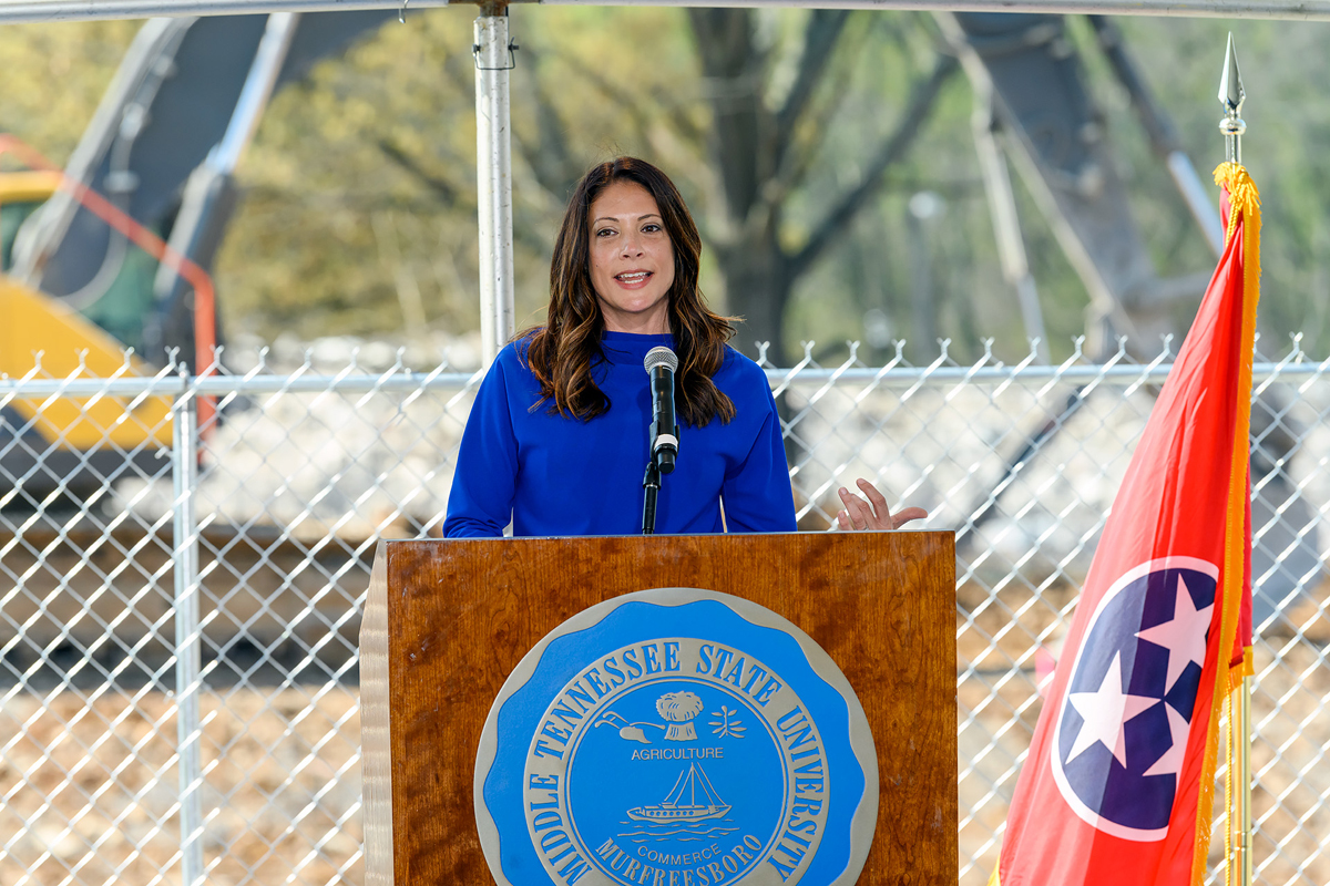 MTSU professor and event emcee Heather Brown shares about the long-awaited groundbreaking event for the School of Concrete and Construction Management Building, which took place Tuesday, April 6, on the southeast side of campus. The 54,000-square-foot, $40.1 million facility expects to be completed by Fall 2022. (MTSU photo by J. Intintoli)