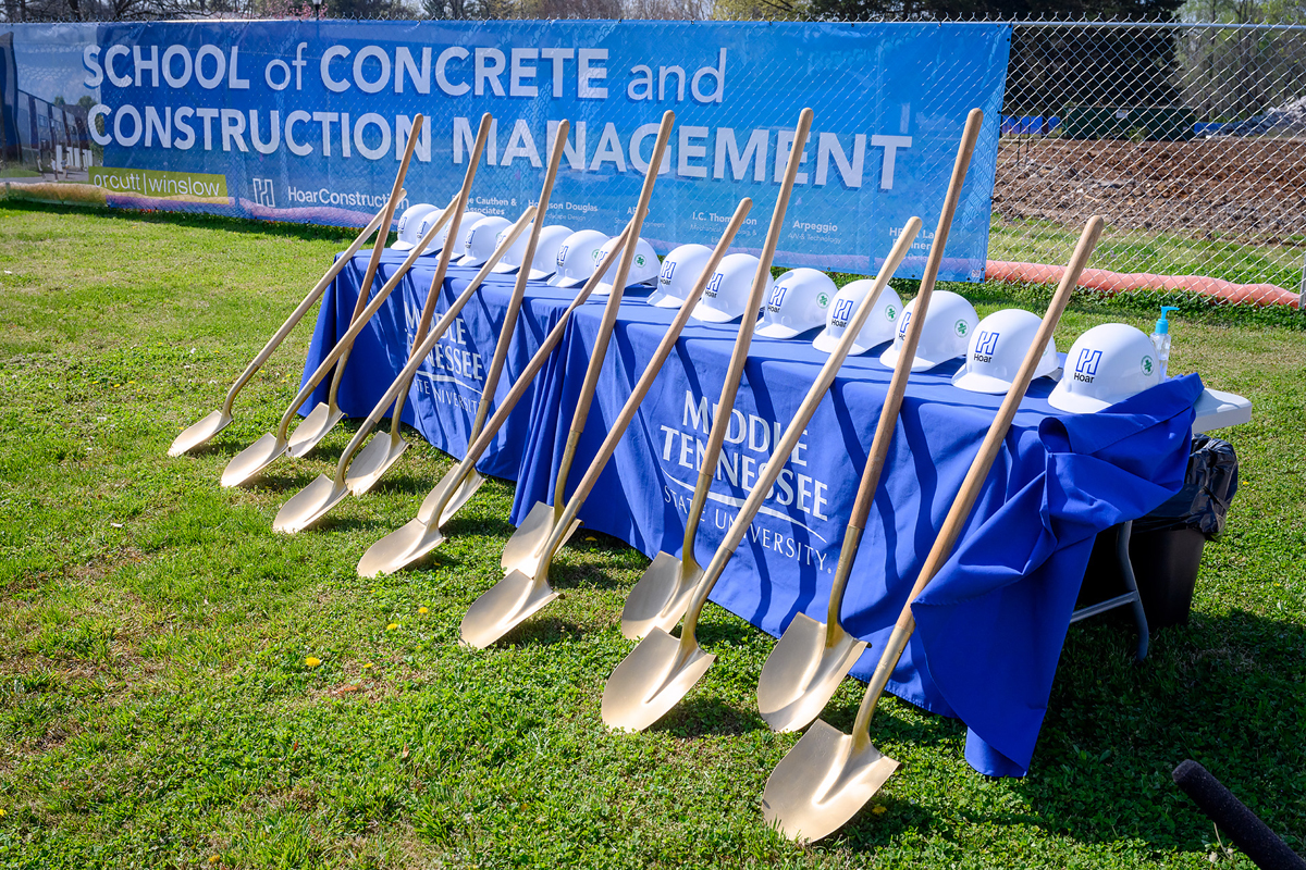Shovels and hard hats await officials who will perform the ceremonial shoveling of dirt at the groundbreaking for the MTSU School of Concrete and Construction Management Building Tuesday, April 6, in the southeast side of campus. The 54,000-square-foot, $40.1 million facility expects to be completed by Fall 2022. (MTSU photo by J. Intintoli)
