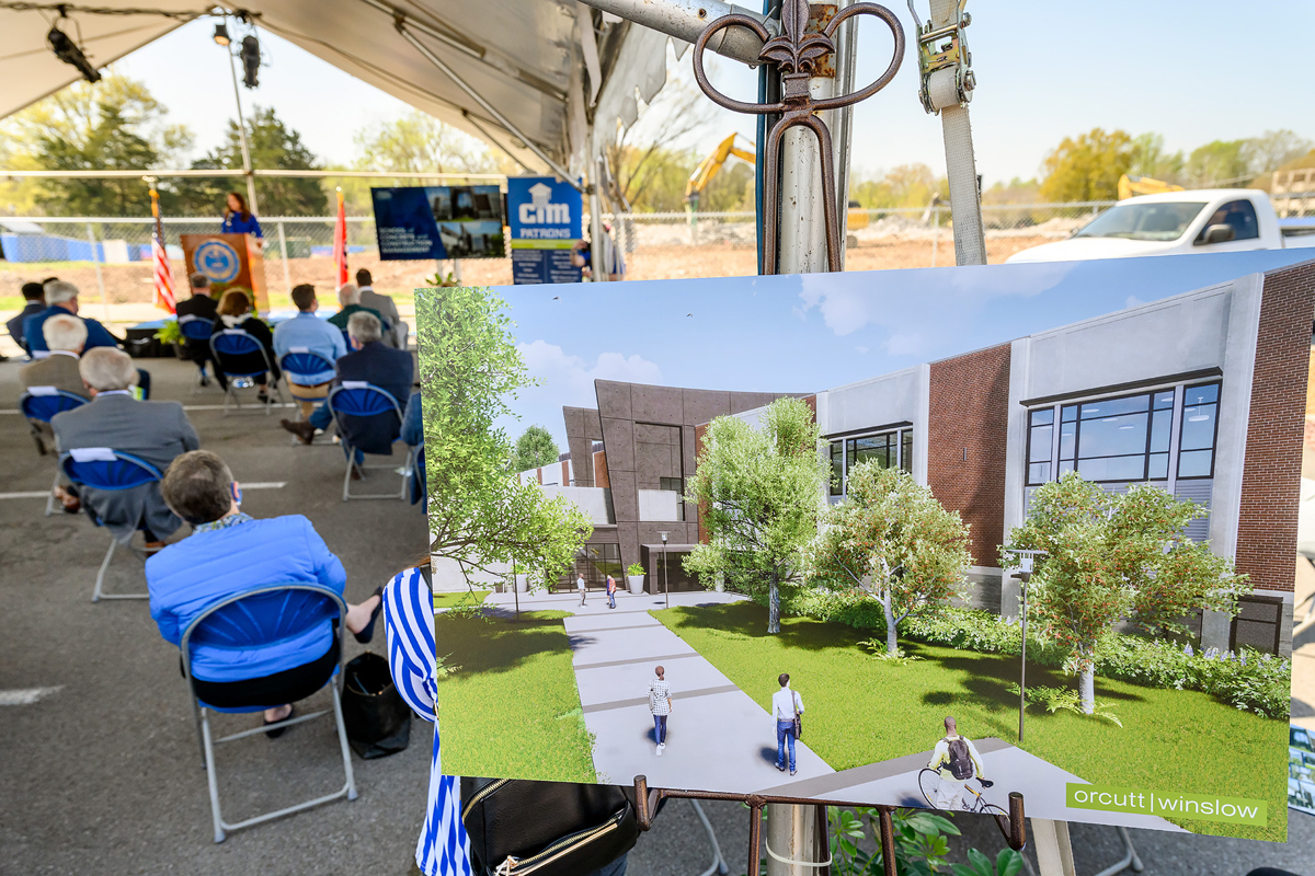 n artist rendering of the 54,000-square-foot School of Concrete and Construction Management Building is shown in the foreground as MTSU School of Concrete and Construction Management professor Heather Brown speaks to the crowd Tuesday, April 6, during the groundbreaking ceremony for the new facility, scheduled for a Fall 2022 completion. (MTSU photo by J. Intintoli)