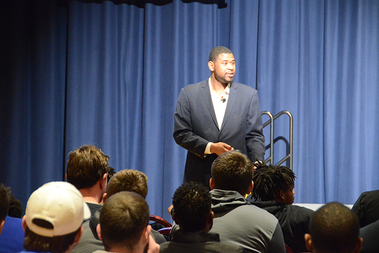 Former Vanderbilt University and professional basketball player Shan Foster speaks to student-athletes and other men attending his “Creating a Culture of Non-Violence and Healthy Masculinity” public talk for women and men held Feb. 11 in the Tennessee Room of the James Union Building. (MTSU photo by Jimmy Hart)