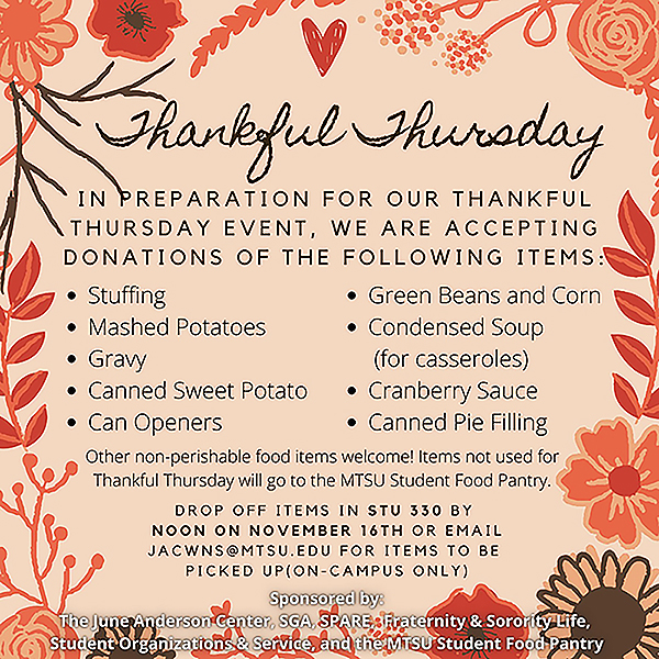 MTSU “Thankful Thursday” food drive graphic