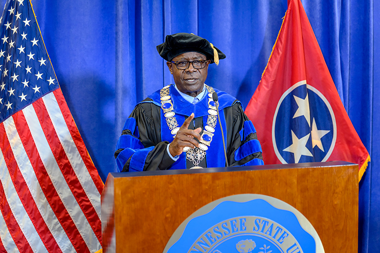 MTSU President Sidney A. McPhee encourages the university’s 804 summer 2020 graduates as he videotapes the virtual commencement ceremony in the Learning Resources Center. MTSU’s second virtual graduation event, organized to keep participants safe amid the ongoing pandemic, celebrated the summer Class of 2020 on Saturday, Aug. 8. (MTSU photo by J. Intintoli)