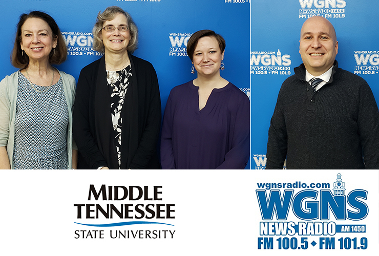 MTSU faculty and staff appeared on WGNS Radio recently to share information with host Bart Walker. Pictured are, from left, Mary Evins, an associate research professor in MTSU’s University Honors College and coordinator for the campus chapter of the American Democracy Project; Antoinette Van Zelm, assistant director of the MTSU Center for Historic Preservation; Maigan Wipfli, new director of the June Anderson Center for Women and Nontraditional Students and co-chair of MTSU National Women’s History Month Committee; and Jason Martin, interim dean of James E. Walker Library, (MTSU photo illustration by Jimmy Hart)