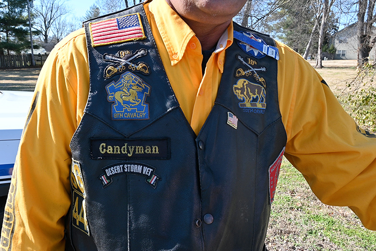 A close shot of Leroy Carter’s, Middle Tennessee State University police officer, Buffalo Soldiers vest shows his patches for the African American 9th and 10th cavalry regiments, Carter’s riding name ‘Candyman’ and more on campus on Feb. 5, 2021. (MTSU photo by Stephanie Barrette)