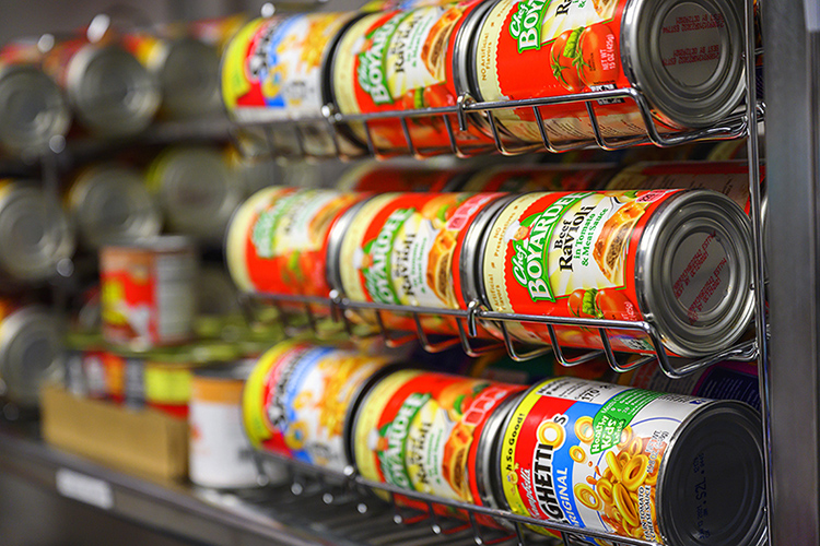 Cans of heat-and-eat pasta await students in the MTSU Student Food Pantry, which still provides bags of food to students from 8 a.m. to 5 p.m. Monday through Friday. (MTSU photo by Cat Curtis Murphy)