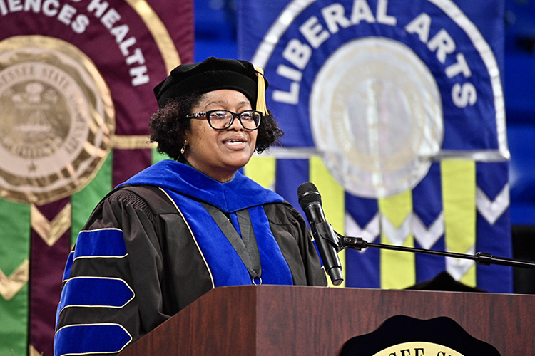Dr. Leah Lyons, interim dean of MTSU’s College of Liberal Arts, addresses her college's Class of 2021 Friday, May 7, inside Murphy Center during the first day of the university's spring 2021 commencement ceremonies. Students returned to Murphy Center May 7-9 for the first time since 2019 for a three-day, 10-event, socially distanced commencement weekend. (MTSU photo by J. Intintoli)