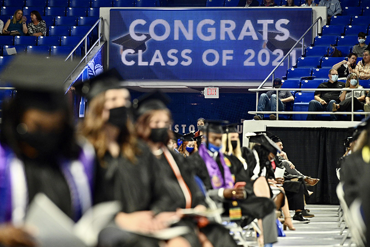 A scoreboard in MTSU's Murphy Center carries a special message Friday, May 7, for all the prospective graduates returning to the historic facility for spring 2021 commencement events. Students returned to Murphy Center May 7-9 for the first time since 2019 for a three-day, 10-event, socially distanced commencement weekend. (MTSU photo by J. Intintoli)