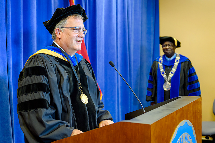 MTSU Provost Mark Byrnes, left, makes a point while addressing the university's 804 summer Class of 2020 and President Sidney A. McPhee listens and waits to make his remarks as they videotape MTSU's summer 2020 virtual commencement ceremony in the Learning Resources Center. MTSU's second virtual graduation event, organized to keep participants safe amid the ongoing pandemic, celebrated the graduates on Saturday, Aug. 8. (MTSU photo by J. Intintoli)