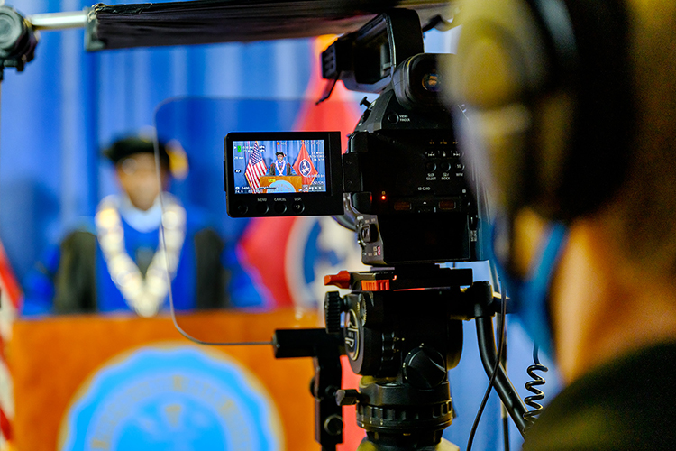 MTSU President Sidney A. McPhee is captured in university videographer Joseph Poe's viewfinder while taping the university's summer 2020 virtual commencement ceremony in the Learning Resources Center. MTSU's second virtual graduation event, organized to keep participants safe amid the ongoing pandemic, celebrated 804 summer Class of 2020 graduates on Saturday, Aug. 8. (MTSU photo by J. Intintoli)