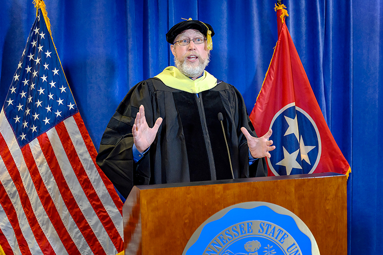 MTSU Faculty Senate President Justin Gardner, an associate professor in the School of Agriculture, praises the university's 804 summer 2020 graduates for their resilience as e videotapes the virtual commencement ceremony in the Learning Resources Center. Gardner was the guest speaker for MTSU's second virtual graduation event, which was organized to keep participants safe amid the ongoing pandemic and celebrate the summer Class of 2020 on Saturday, Aug. 8. (MTSU photo by J. Intintoli)