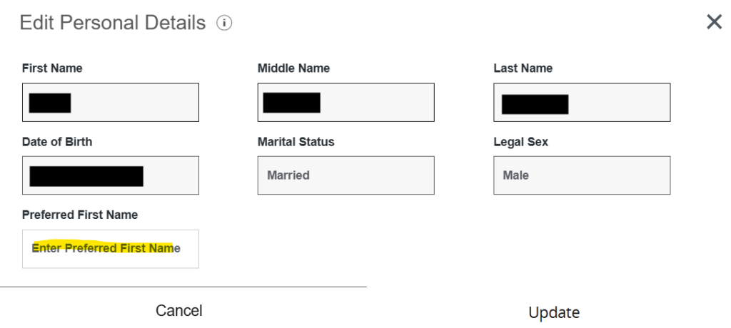 Personal Details box with the location to enter Preferred First Name highlighted