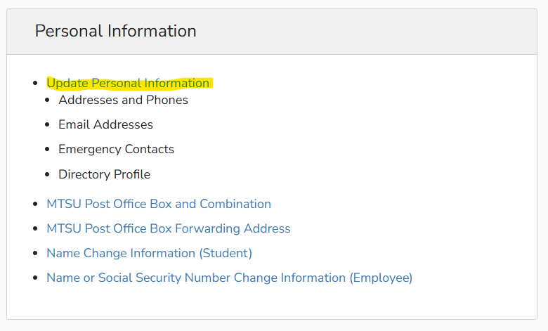 Personal information textbox with Update Personal Information link highlighted in yellow