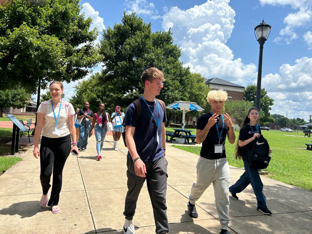 Students walking outside during orientation.