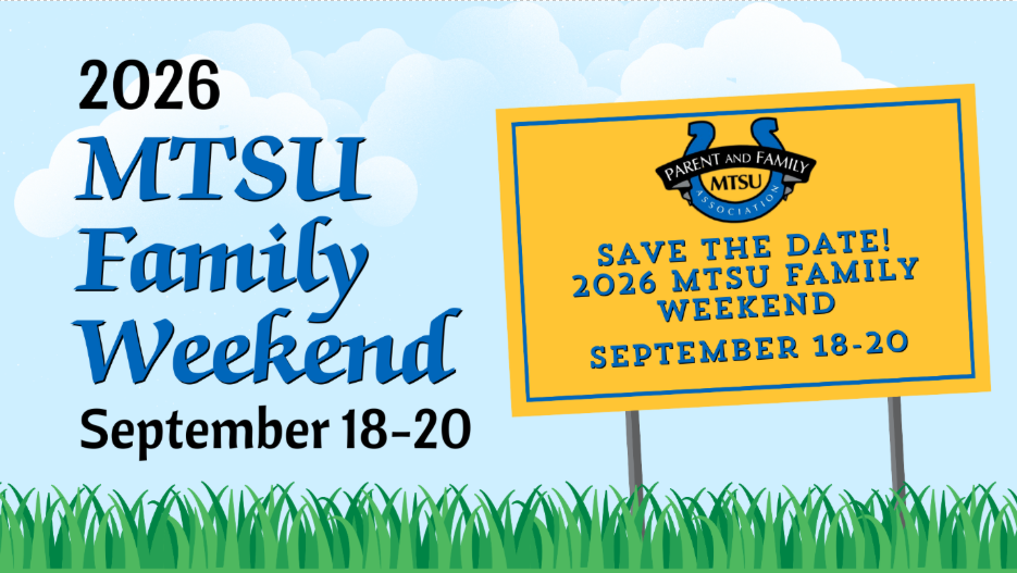 2026 MTSU Family Weekend save the date flyer; Family Weekend will take place September 18-20.