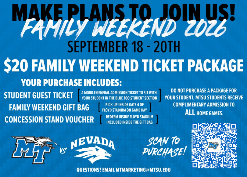 MTSU Family Weekend 2026 flyer where families are encouraged to buy the $20 family weekend ticket package.