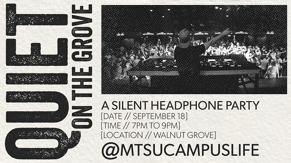 A Silent Headphone Party flyer for September 18 from 7-9 PM at Walnut Grove.