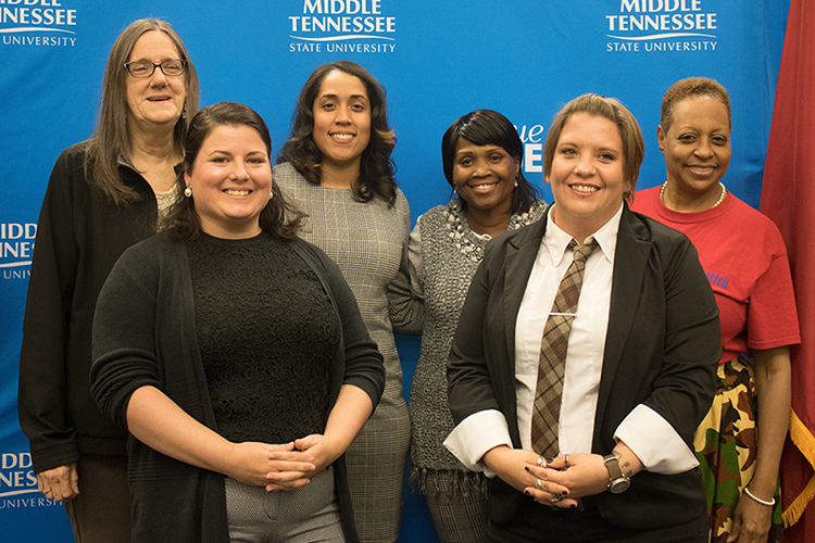 Honorees at the inaugural Women Warriors Celebration, held Tuesday night, Nov. 5, on the MTSU campus, gather for a group photo. From left are Beverly Henley, Brittany Dinaso, Teresa Carter, Anita Herron, Tabatha Wadford and Marcia Rambert, who attended on behalf of Lesa Prime. AAUW-Murfreesboro and multiple MTSU organizations co-sponsored the event. (Photo courtesy of AAUW-Murfreesboro)