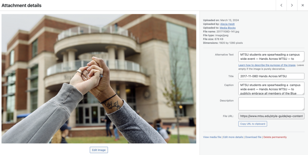 Screenshot of alternative text placement when adding an image to the media gallery.