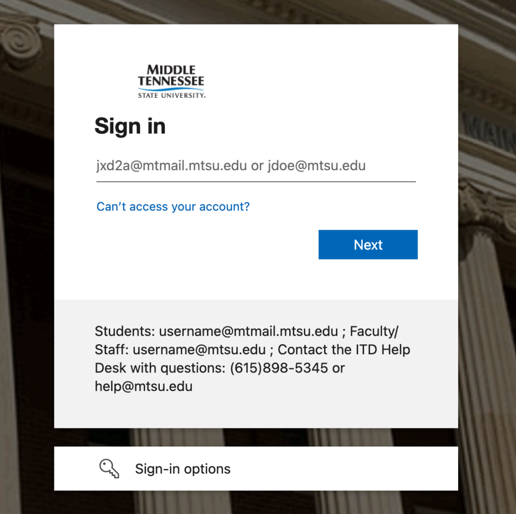 MTSU login screen