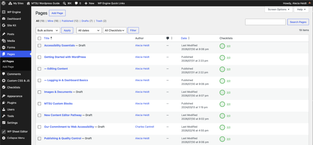 screenshot of pages screen