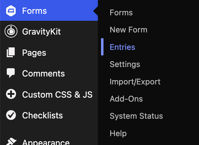form entries menu