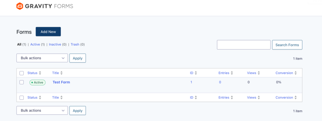 Gravity Forms Dashboard Screenshot