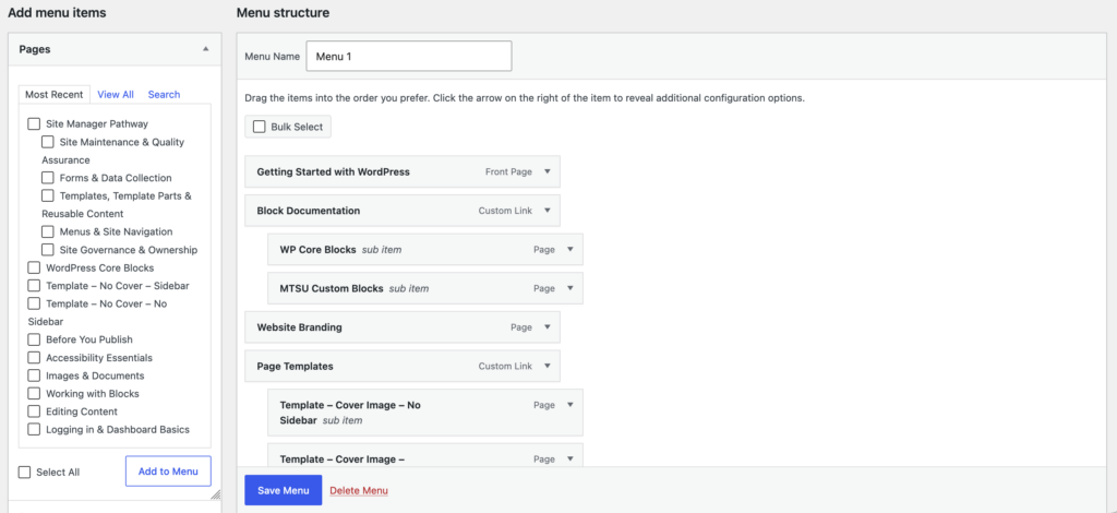 wordpress menu interface