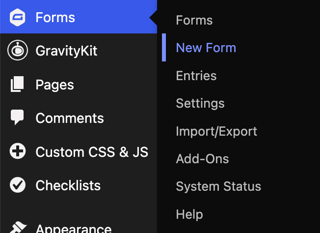 new forms menu screenshot