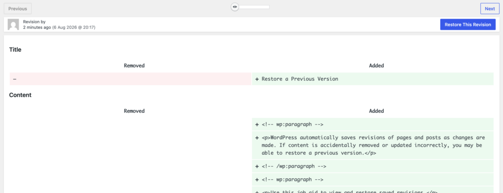 screenshot of the revisions page